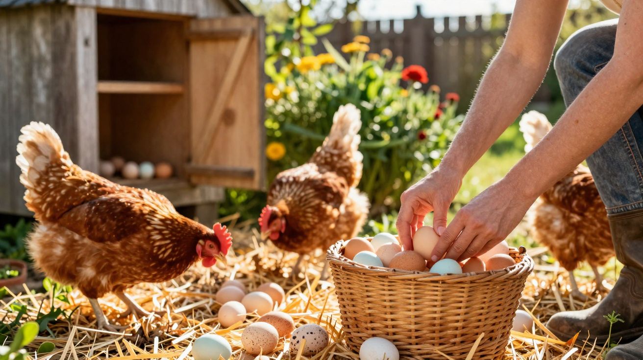 Pessoa recolhe ovos de galinhas no galinheiro com vegetação e palha ao redor.