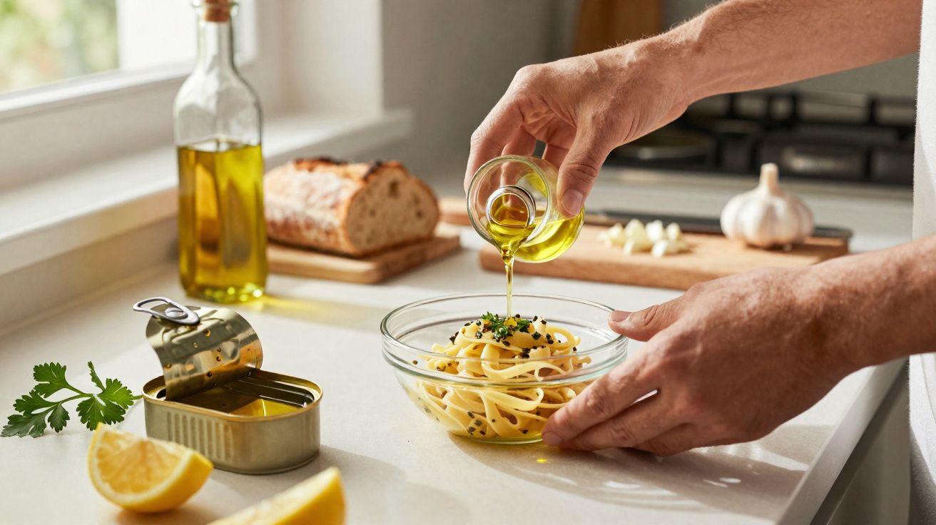 Pessoa a colocar azeite em prato de massa com salsa, limão e pão ao fundo numa cozinha iluminada natural.