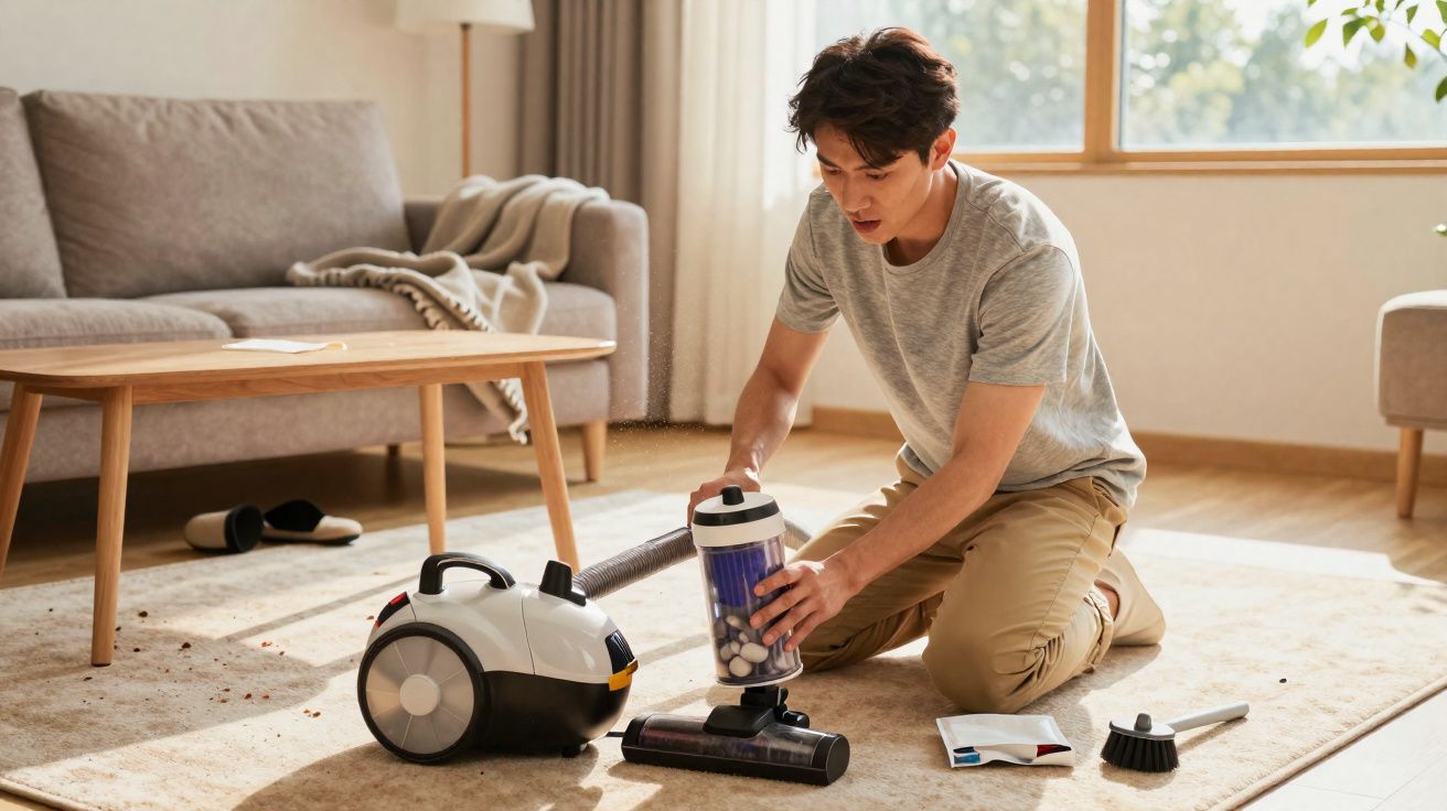 Homem ajoelhado a esvaziar contentor de aspirador num tapete numa sala com sofá e mesa de madeira.