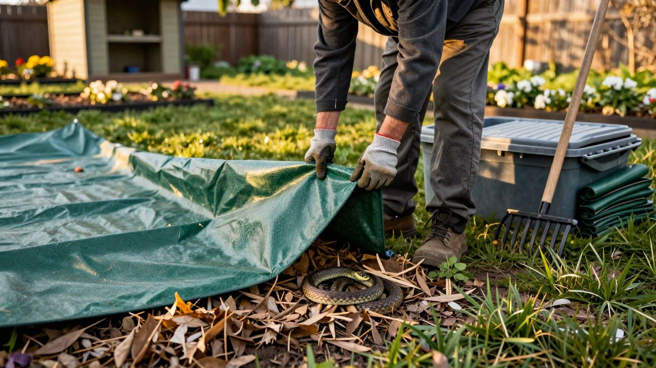 Pessoa a levantar um plástico verde no jardim, revelando uma cobra enroscada em folhas secas no chão.