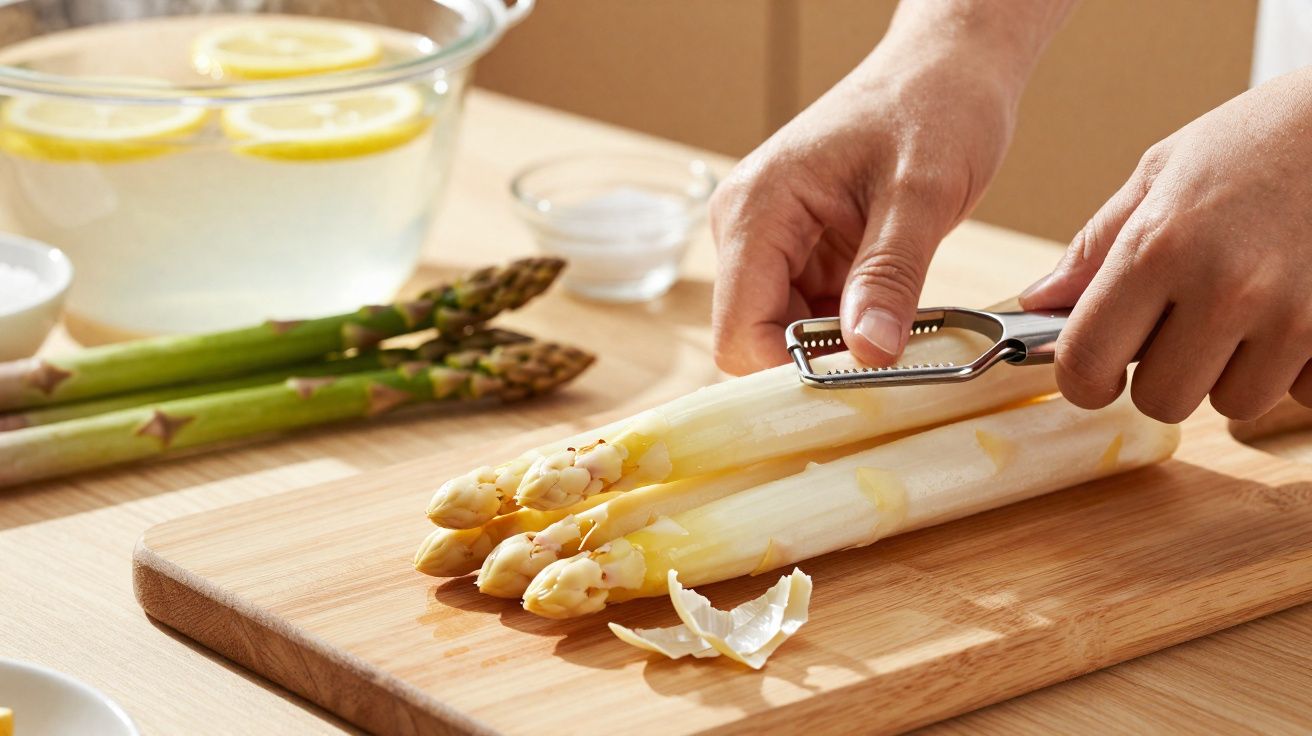 Mãos a descascar espargos brancos numa tábua de madeira com espargos verdes e limão ao fundo.