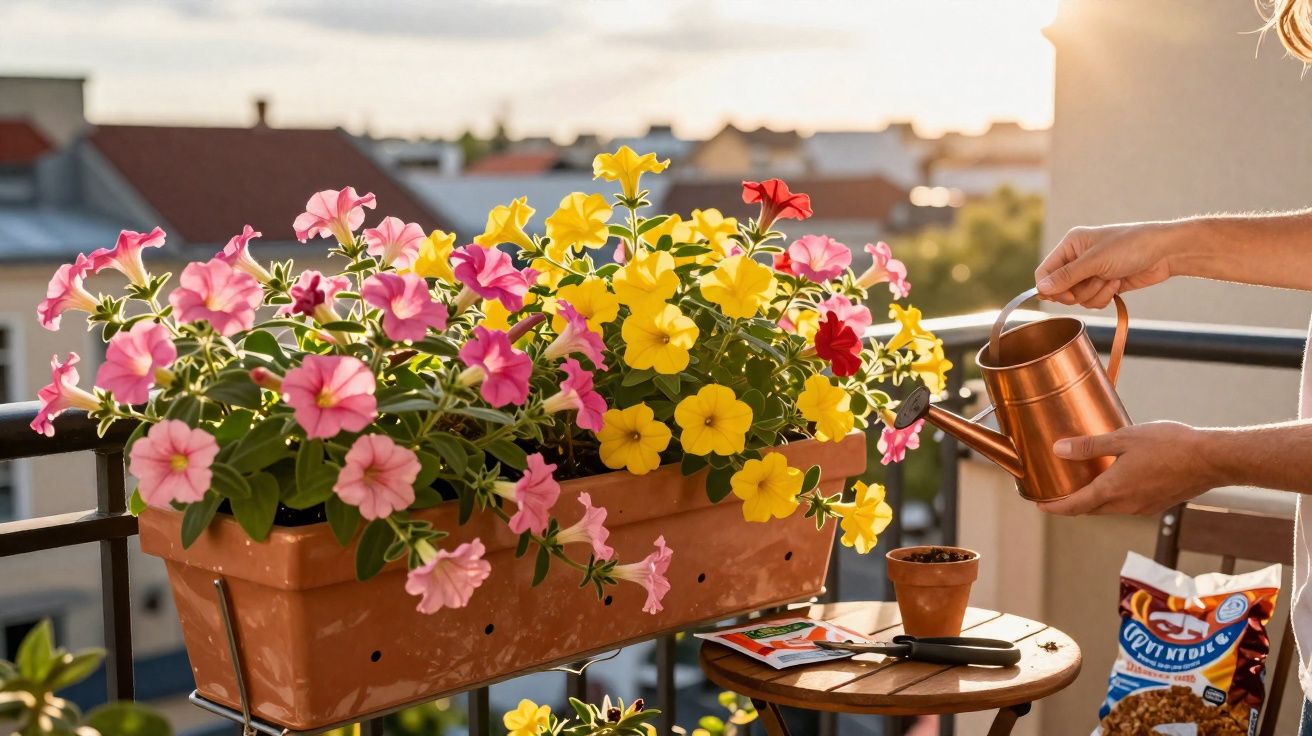 Mãos a regar flores cor-de-rosa, amarelas e vermelhas numa varanda com jarro de metal.