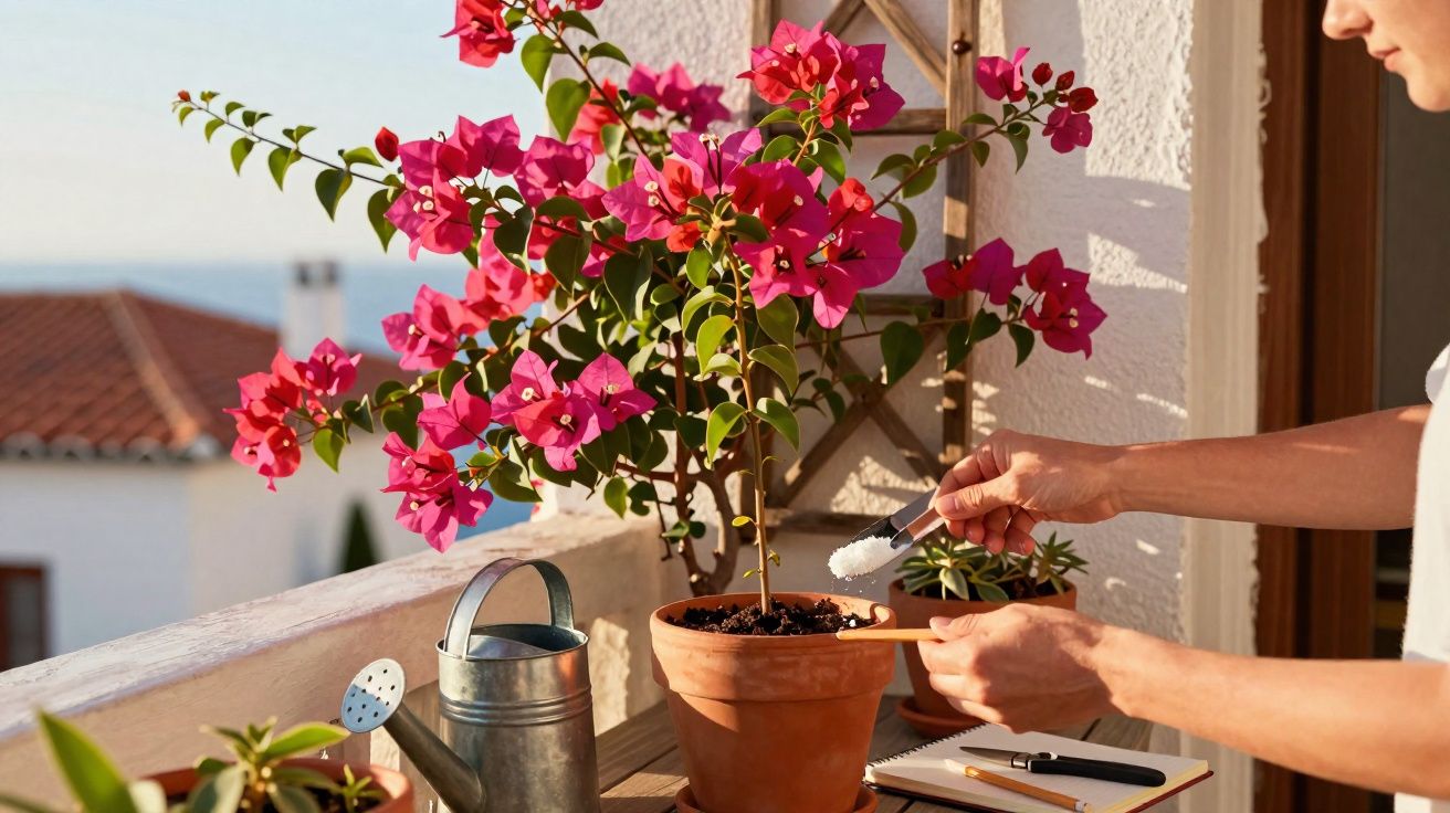 Pessoa a cuidar de planta com flores cor-de-rosa num vaso na varanda ensolarada.