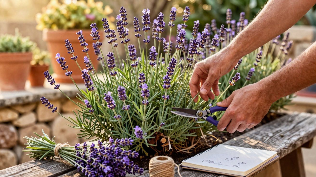 Pessoa a cortar flores de lavanda num jardim com tesoura junto a caderno e novelo de fio.