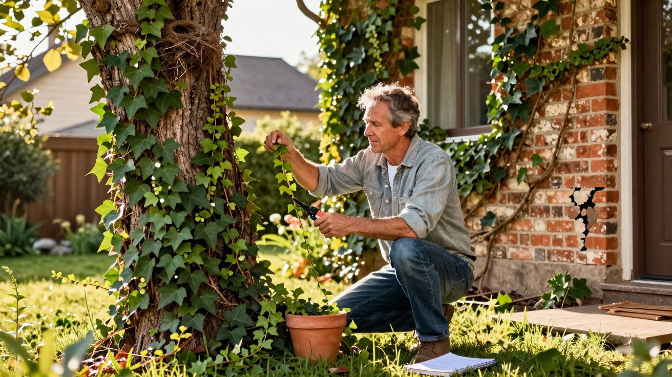 Homem a podar plantas de trepadeiras junto a uma árvore num jardim em frente a uma casa.