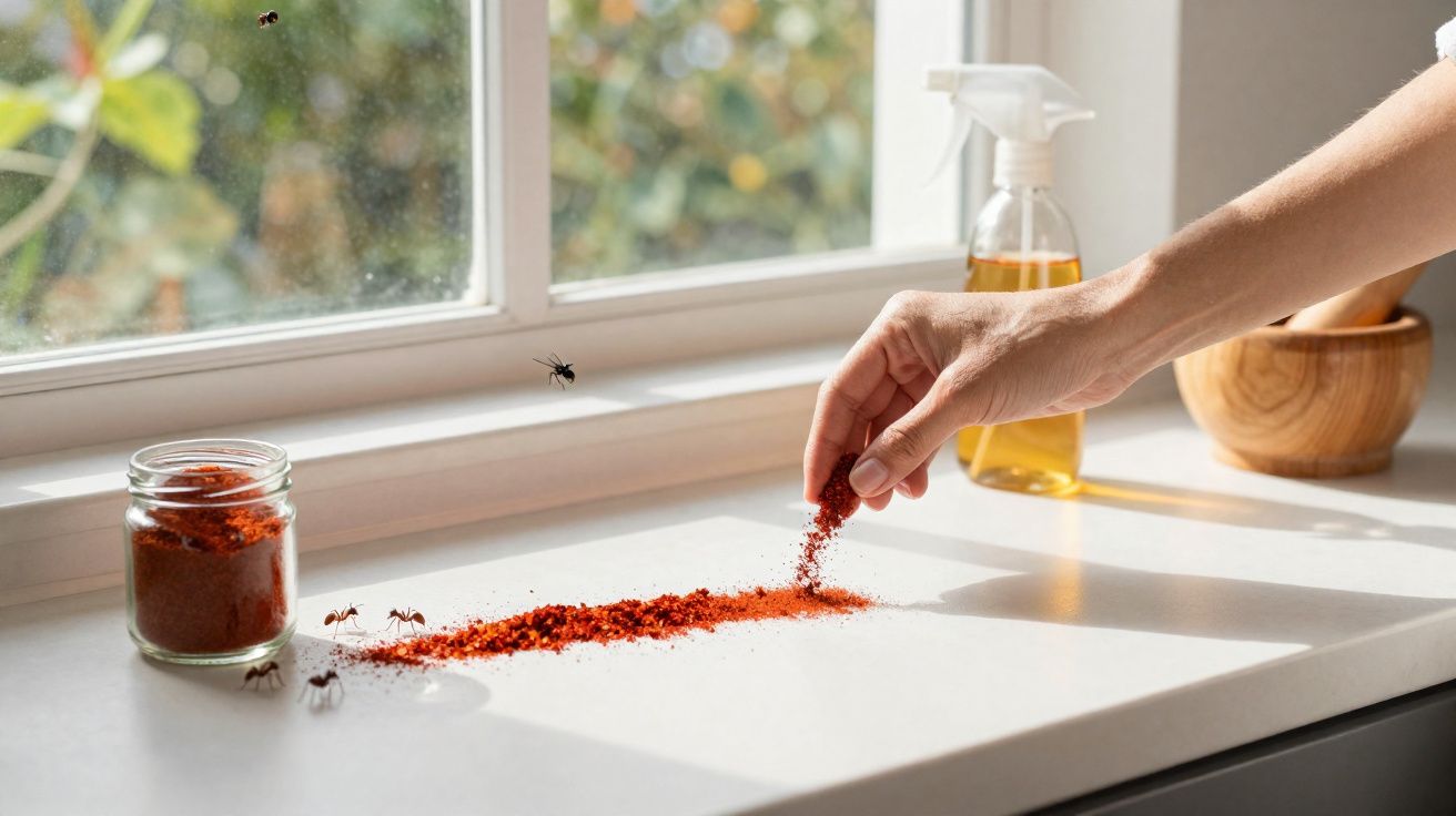 Mão a espalhar pó vermelho na bancada próxima a formigas e jarra, spray e almofariz junto à janela.