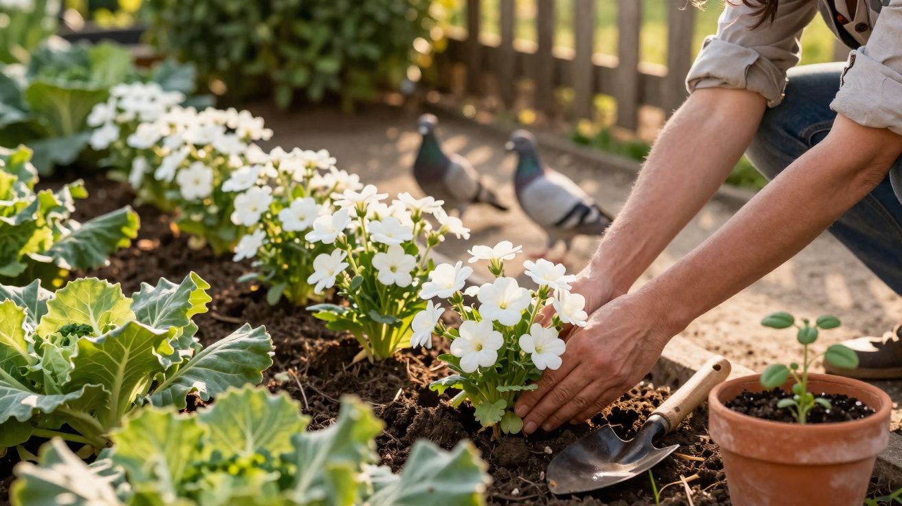 Pessoa a plantar flores brancas num jardim, com duas pombas no fundo e terra fértil à volta.