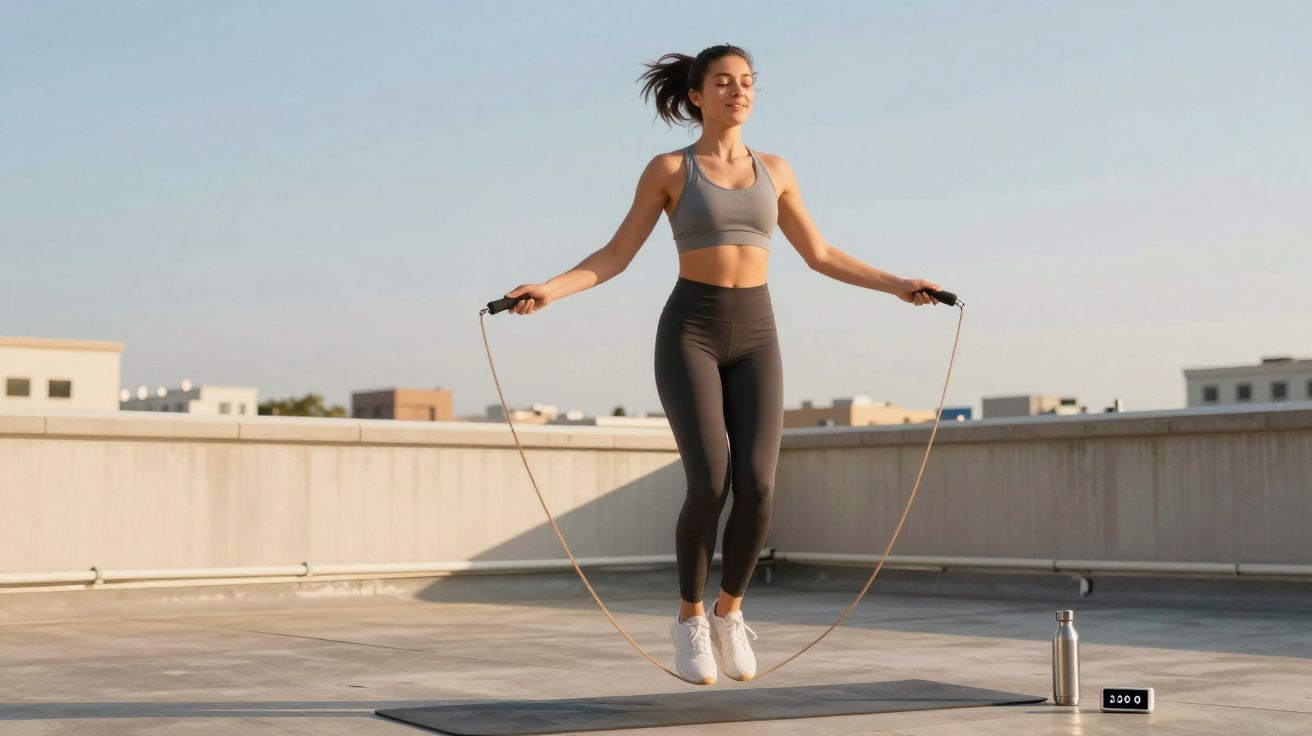 Mulher a saltar à corda num terraço, vestida com roupa de desporto e expressão de concentração.