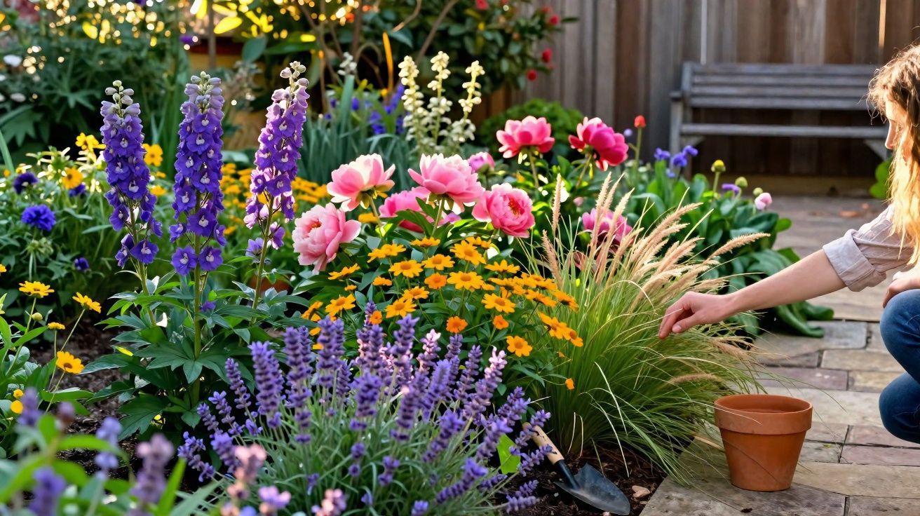 Jardim com flores coloridas e uma pessoa a cuidar das plantas junto a um vaso de barro.