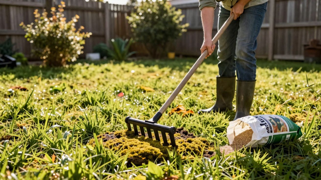 Pessoa a arrancar musgo do relvado com um ancinho e bolsa de fertilizante ao lado num jardim ensolarado.