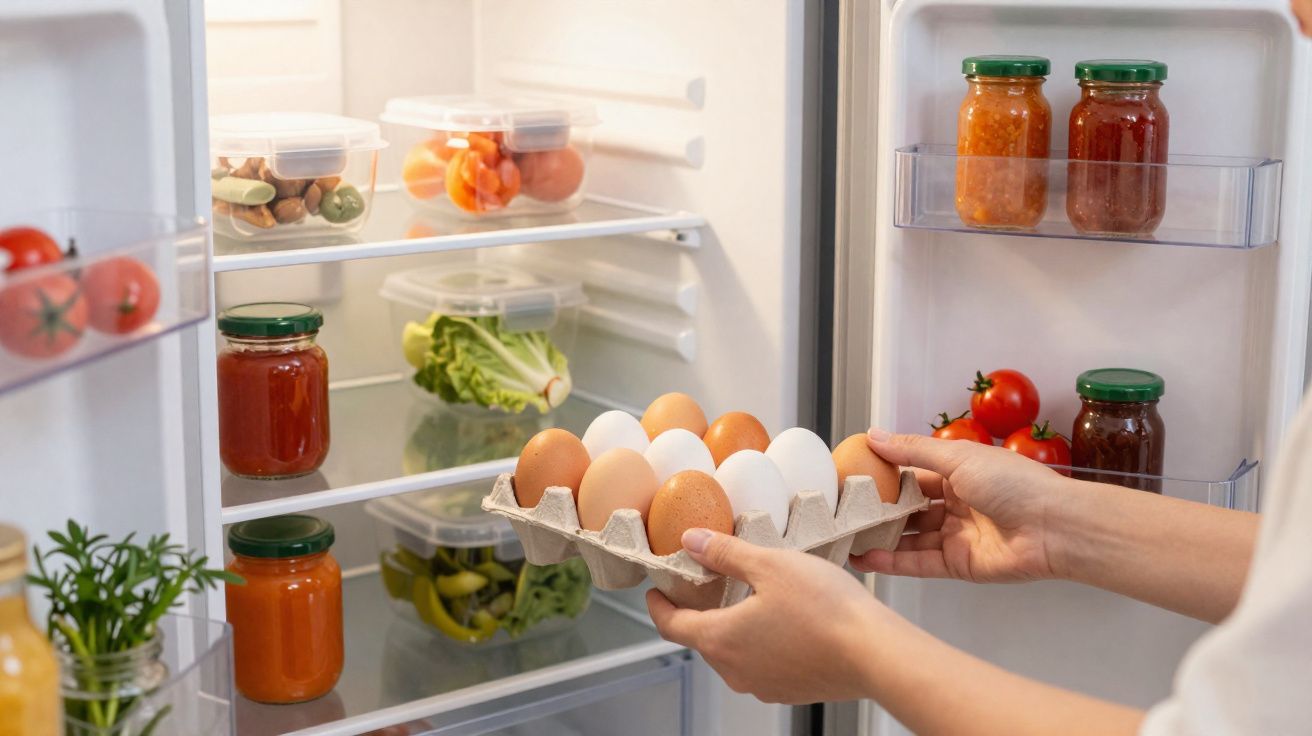 Mãos a colocar cartucho de ovos dentro de frigorífico com legumes, molhos e ovos.