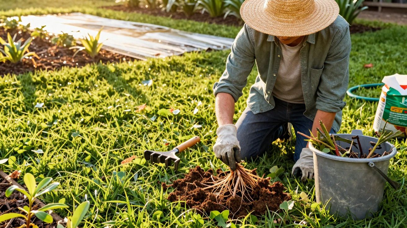 Pessoa a cultivar plantas num jardim, usando chapéu de palha e luvas, com ferramentas e balde ao lado.