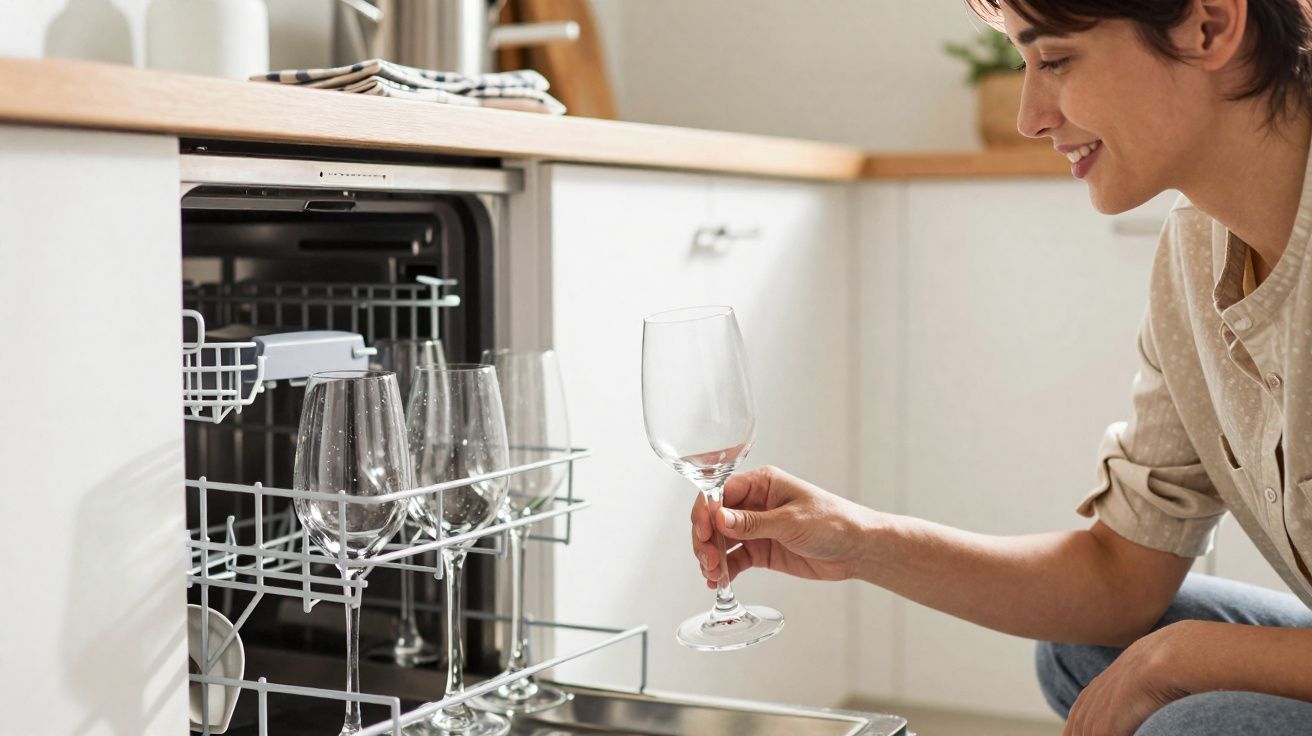 Pessoa a colocar copos de vidro numa máquina de lavar loiça numa cozinha moderna.