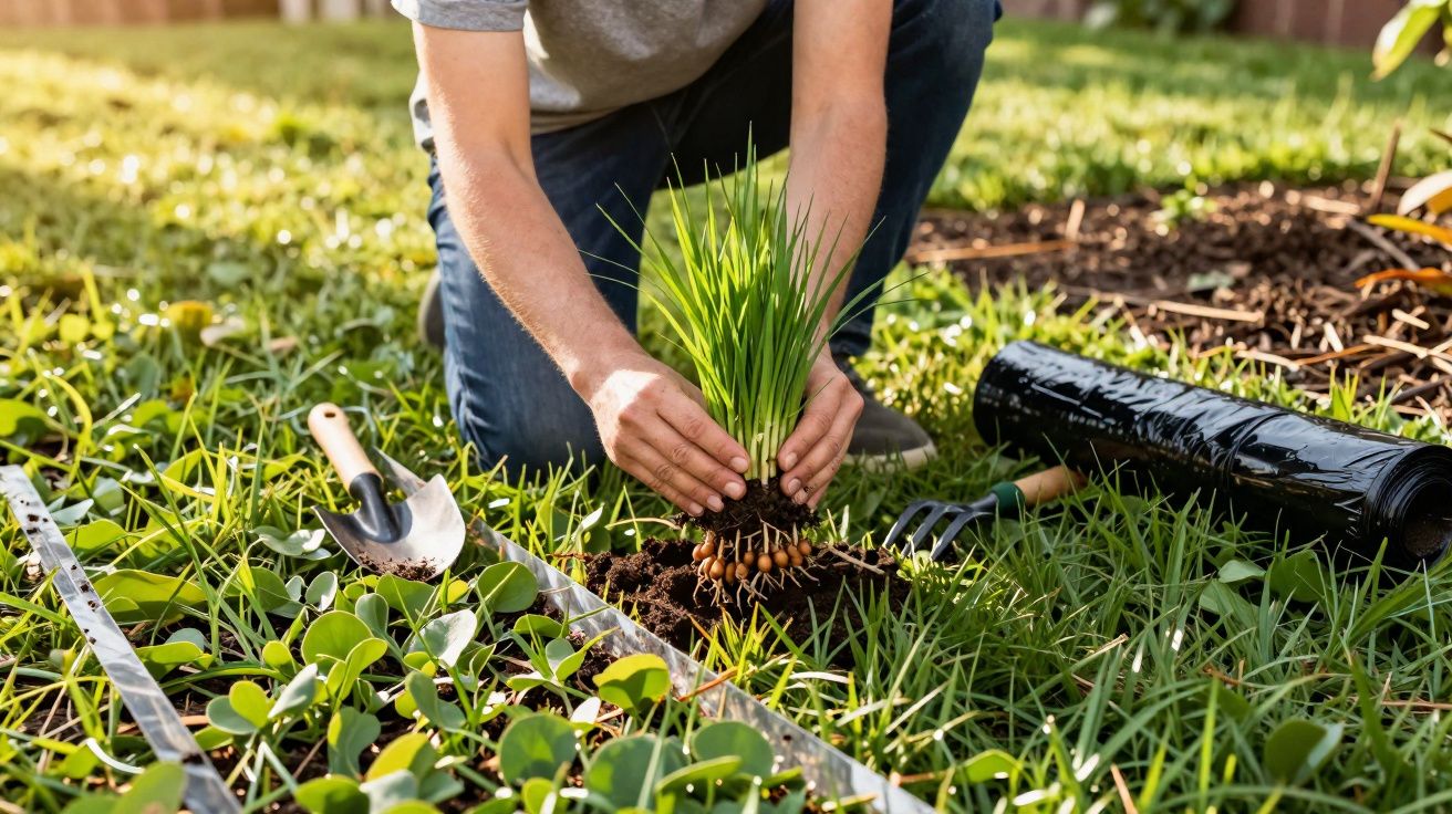 Pessoa a plantar uma muda de ervas aromáticas num jardim com ferramentas de jardinagem ao lado.