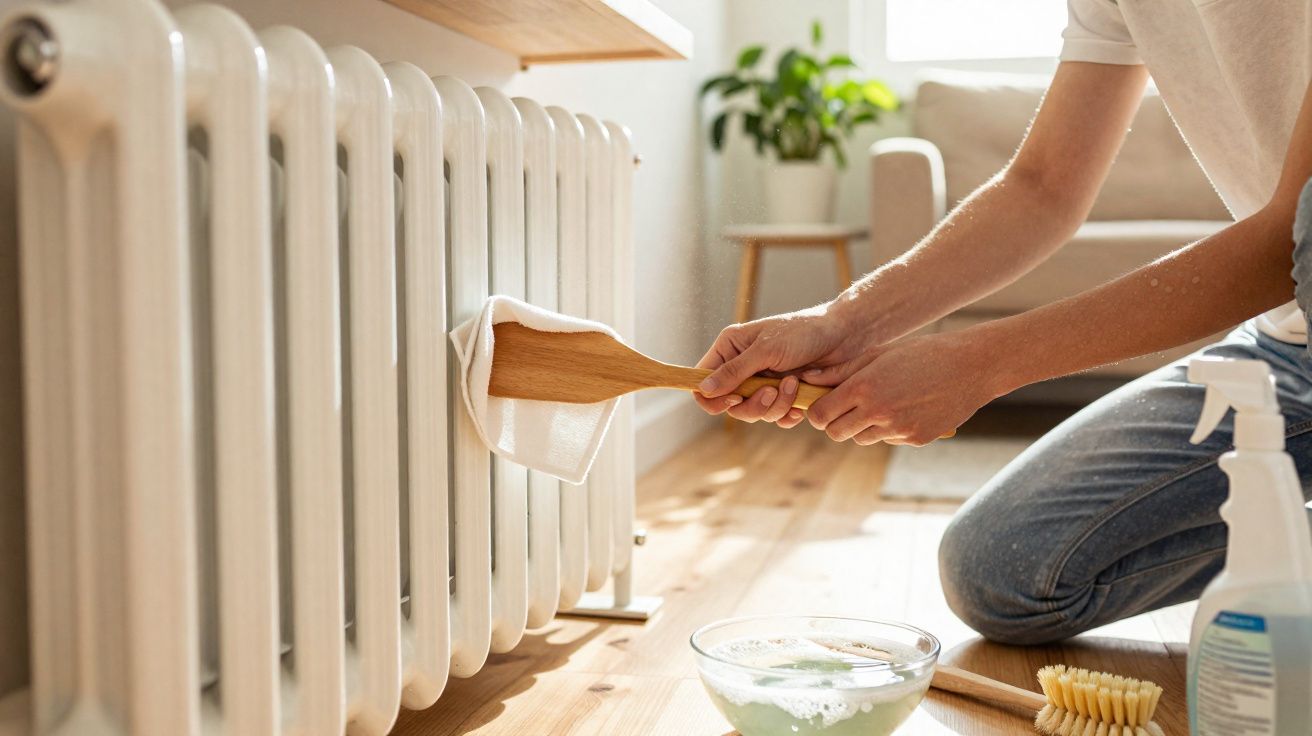 Pessoa a limpar um radiador branco no chão de madeira com uma escova e um pano.