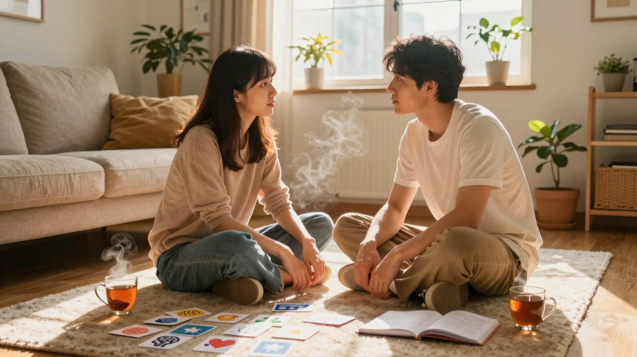 Casal sentado no chão da sala, rodeado por cartas, chá e luz natural a entrar pela janela.