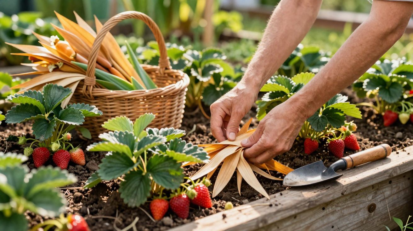 Mãos a organizar folhas secas junto a plantas de morango com frutos vermelhos num canteiro de madeira.