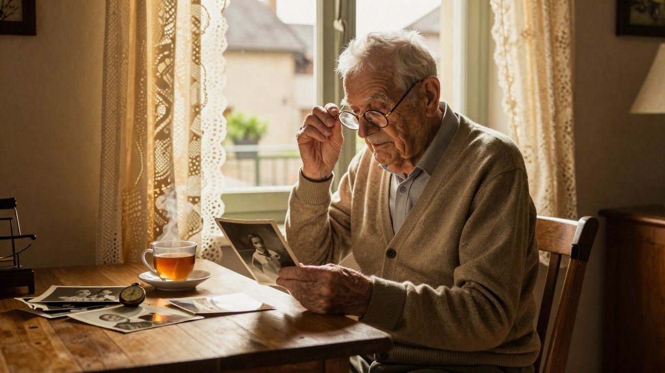 Homem idoso sentado à mesa a ver fotografias antigas, com chá quente e luz natural pela janela.