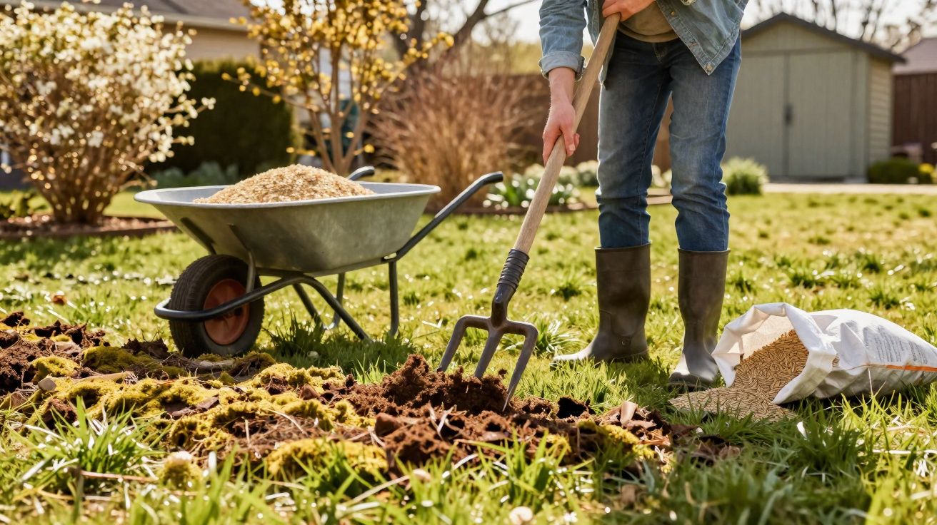 Pessoa a cavar a terra num jardim com uma enxada, com carrinho de mão e fertilizante ao lado.