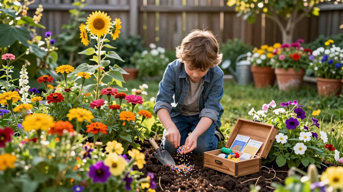Criança a plantar flores num jardim colorido, rodeada de girassóis e ferramentas de jardinagem.