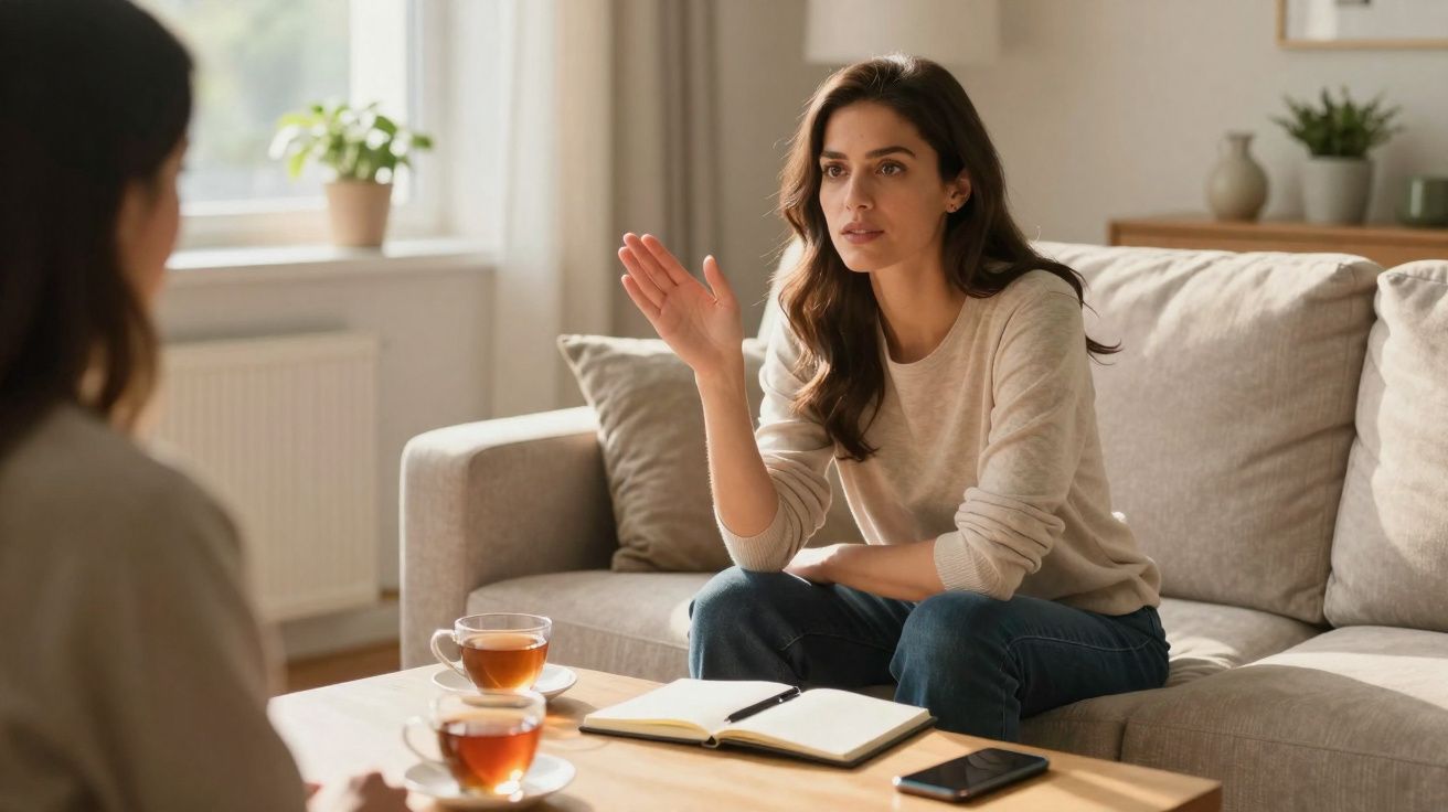 Mulher sentada no sofá a conversar com outra pessoa, com chá e caderno na mesa à frente.