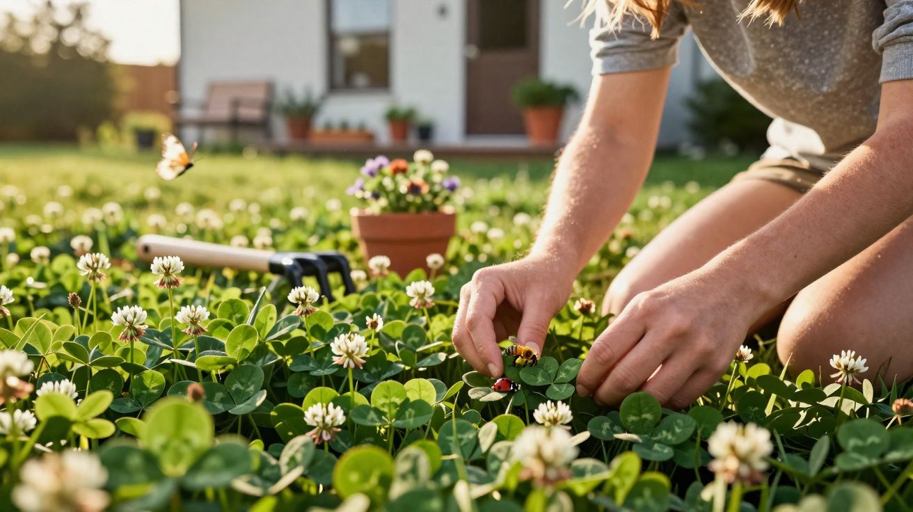 Pessoa a cuidar de plantas de trevo-branco num jardim com ferramentas e flores ao fundo.