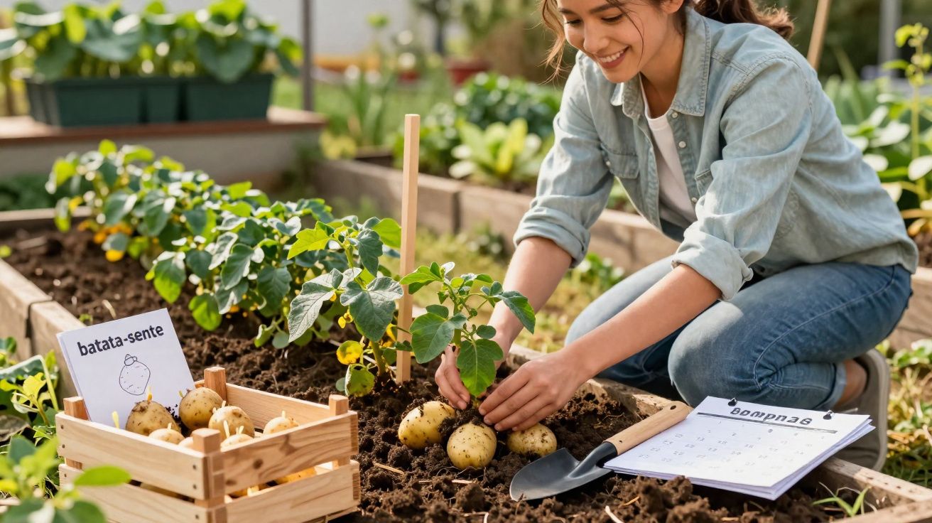 Mulher a colher batatas num canteiro de horta com caixa de batatas e calendário ao lado.