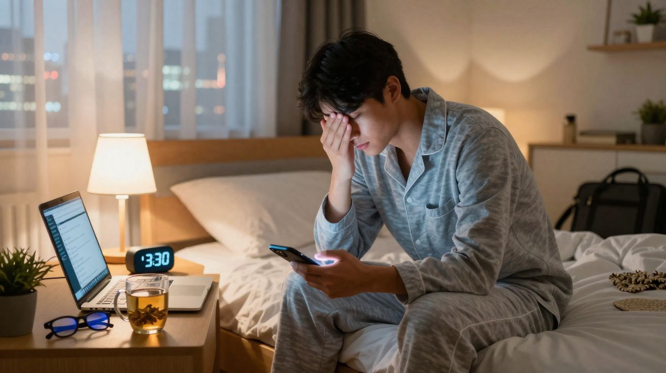 Homem de pijama sentado na cama de noite, aparentando preocupação enquanto olha para o telemóvel.