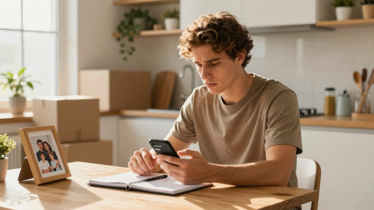 Jovem sentado à mesa da cozinha, a olhar para o telemóvel com um caderno aberto à frente.