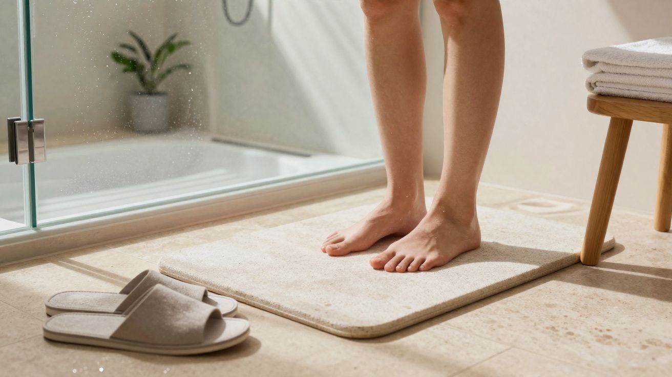 Pés descalços em tapete de banho bege junto a chinelos e banco com toalhas num banheiro iluminado.