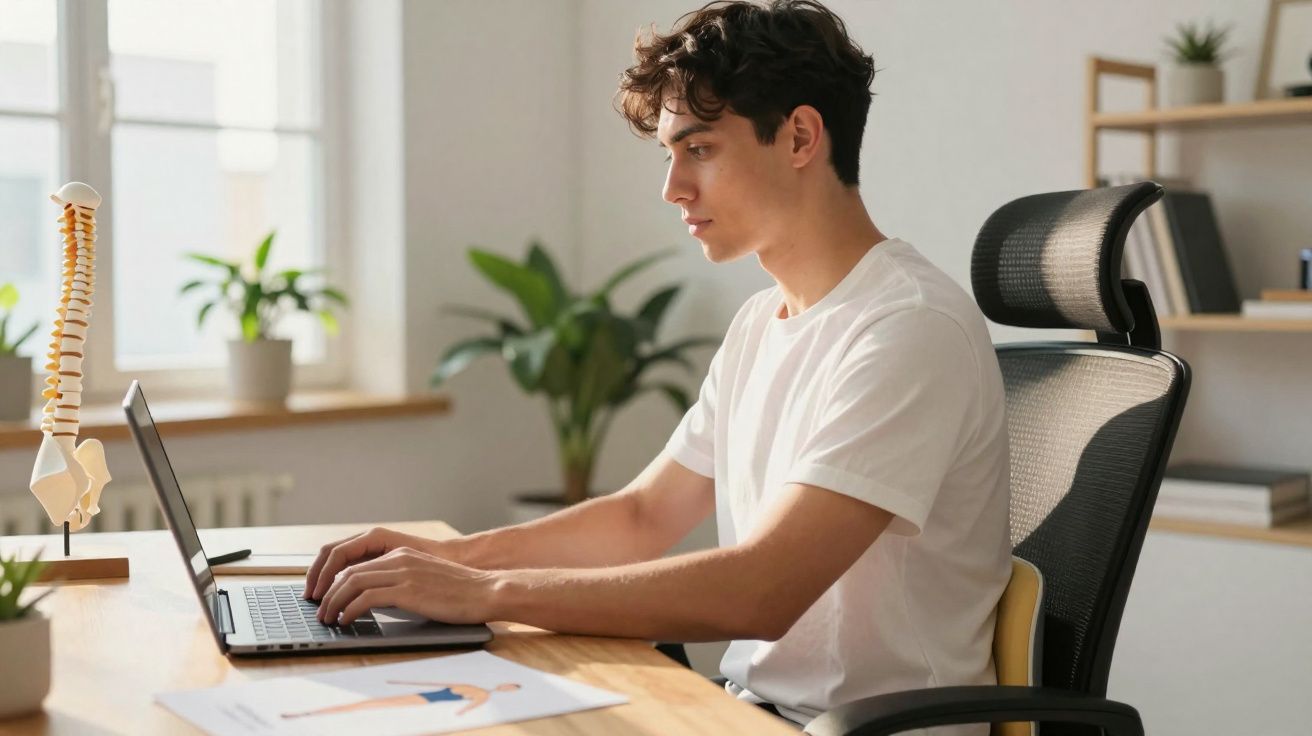 Homem jovem sentado numa cadeira ergonómica a trabalhar num portátil numa secretária com plantas e modelo de coluna.
