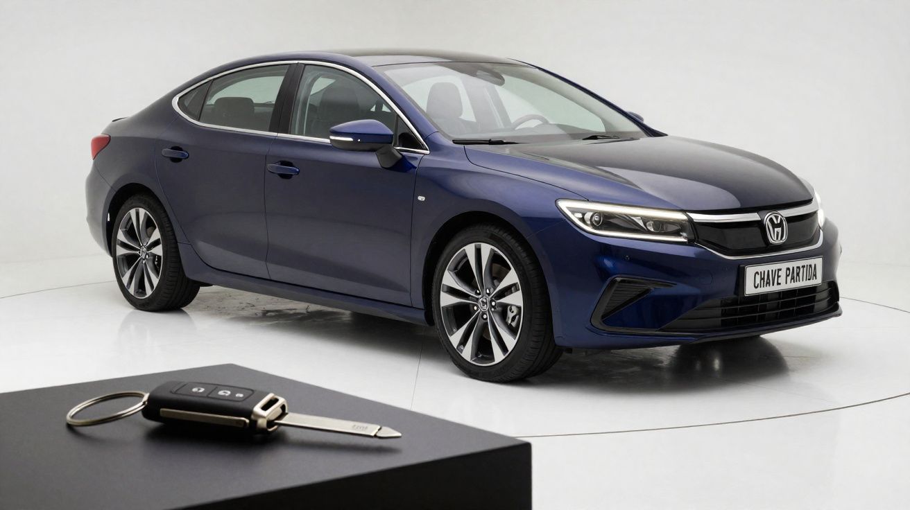 Carro sedan azul escuro com chave com botão e lâmina destacada em fundo branco minimalista.