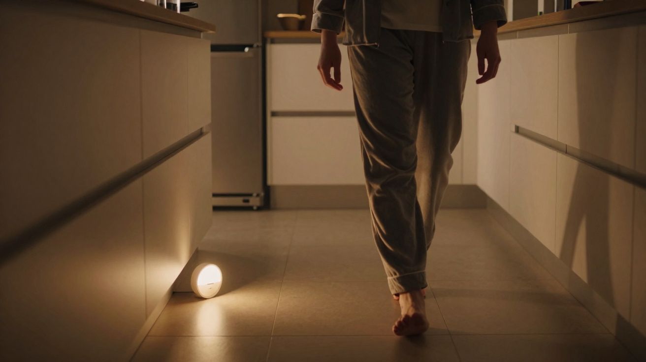Pessoa de pijama a andar descalça numa cozinha com uma luz baixa no chão a iluminar o caminho.