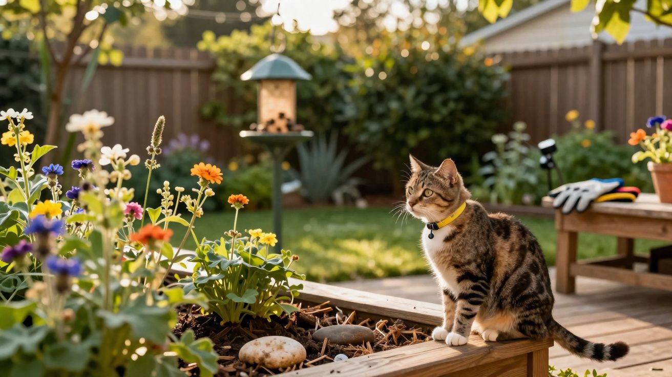 Gato com coleira amarela sentado numa varanda de madeira junto a flores coloridas num jardim ensolarado.