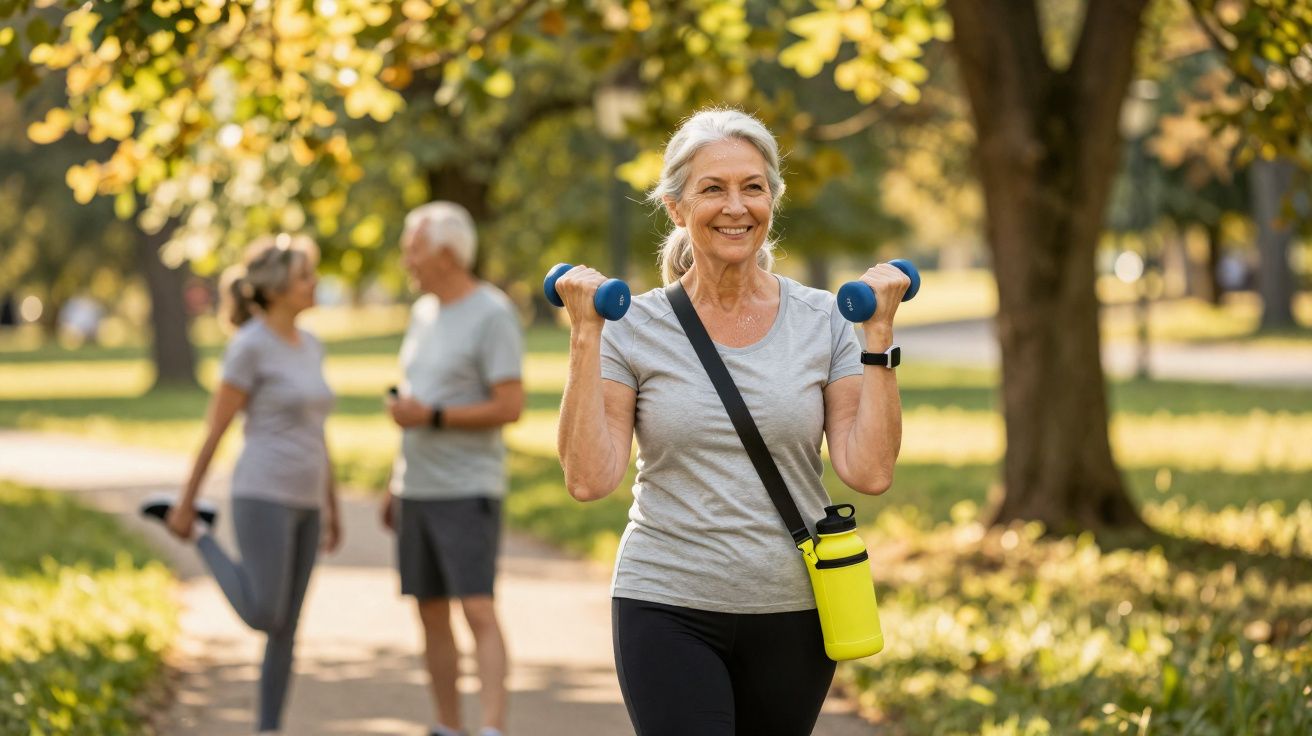 Mulher sénior a sorrir enquanto faz exercício com pesos pequenos num parque ensolarado.