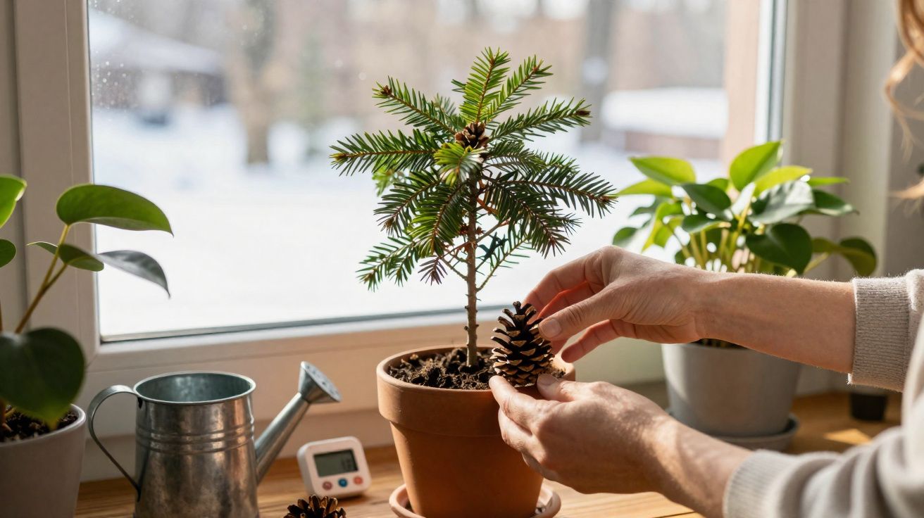 Mãos seguram uma pinha junto a um vaso com um pequeno pinheiro numa mesa junto a uma janela.