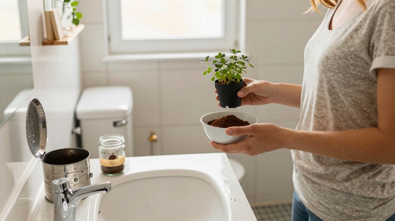 Pessoa a transplantar plantas num casa de banho com luz natural, segurando terra e vaso com planta.