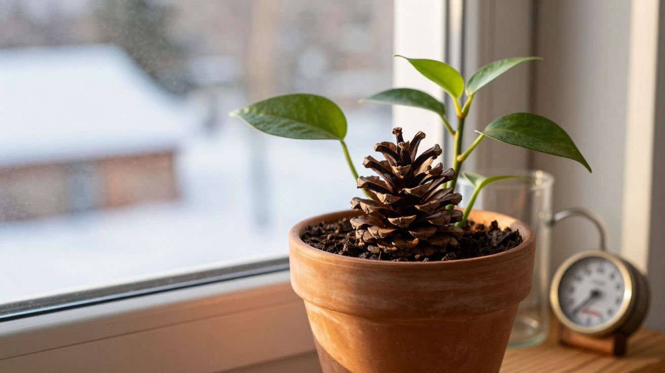 Vaso de barro com planta verde e pinha junto a uma janela onde se vê neve no exterior.
