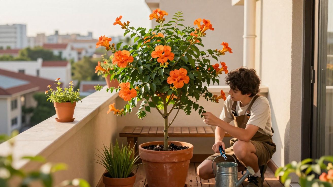 Jovem cuida de planta com flores laranja num vaso grande numa varanda luminosa de prédio urbano.