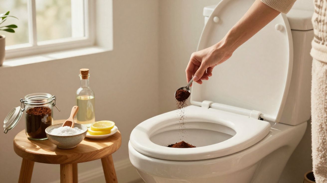 Pessoa a deitar café moído na sanita para limpeza ambiental, com ingredientes naturais numa mesa ao lado.