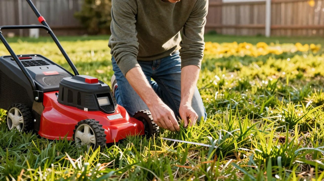 Pessoa ajoelhada a apanhar ervas daninhas num jardim com um corta-relvas elétrico vermelho ao lado.