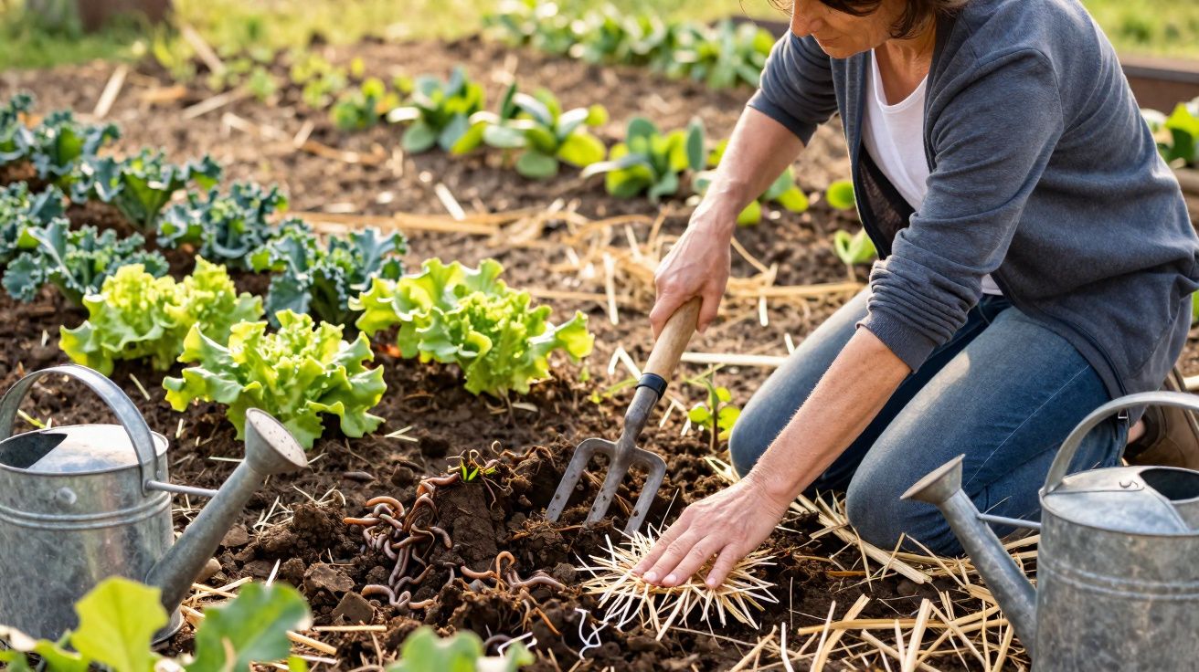 Pessoa a cultivar a horta, usando um ancinho para revolver a terra entre alfaces crescidas.