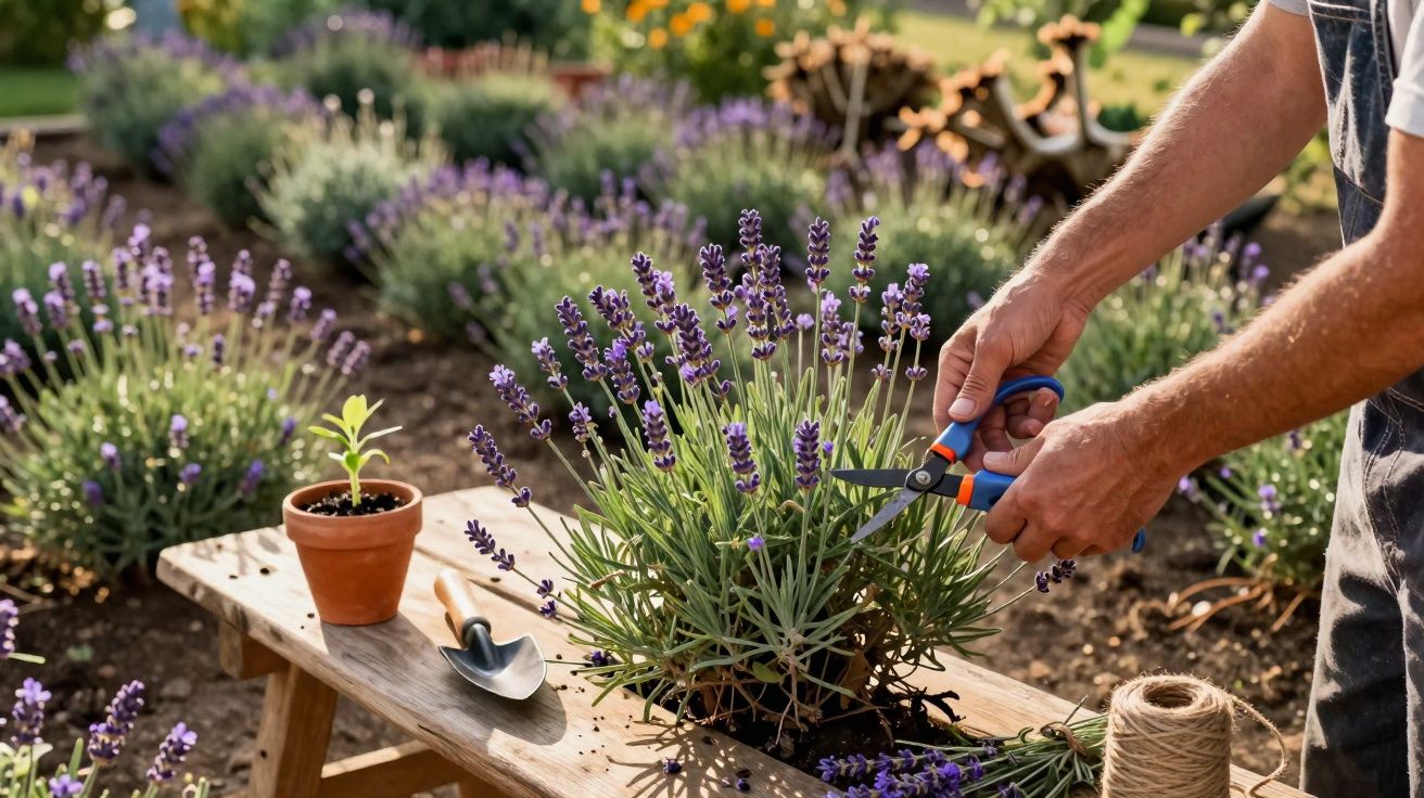 Pessoa a podar alfazema num jardim, com ferramentas e vaso de planta numa mesa de madeira.