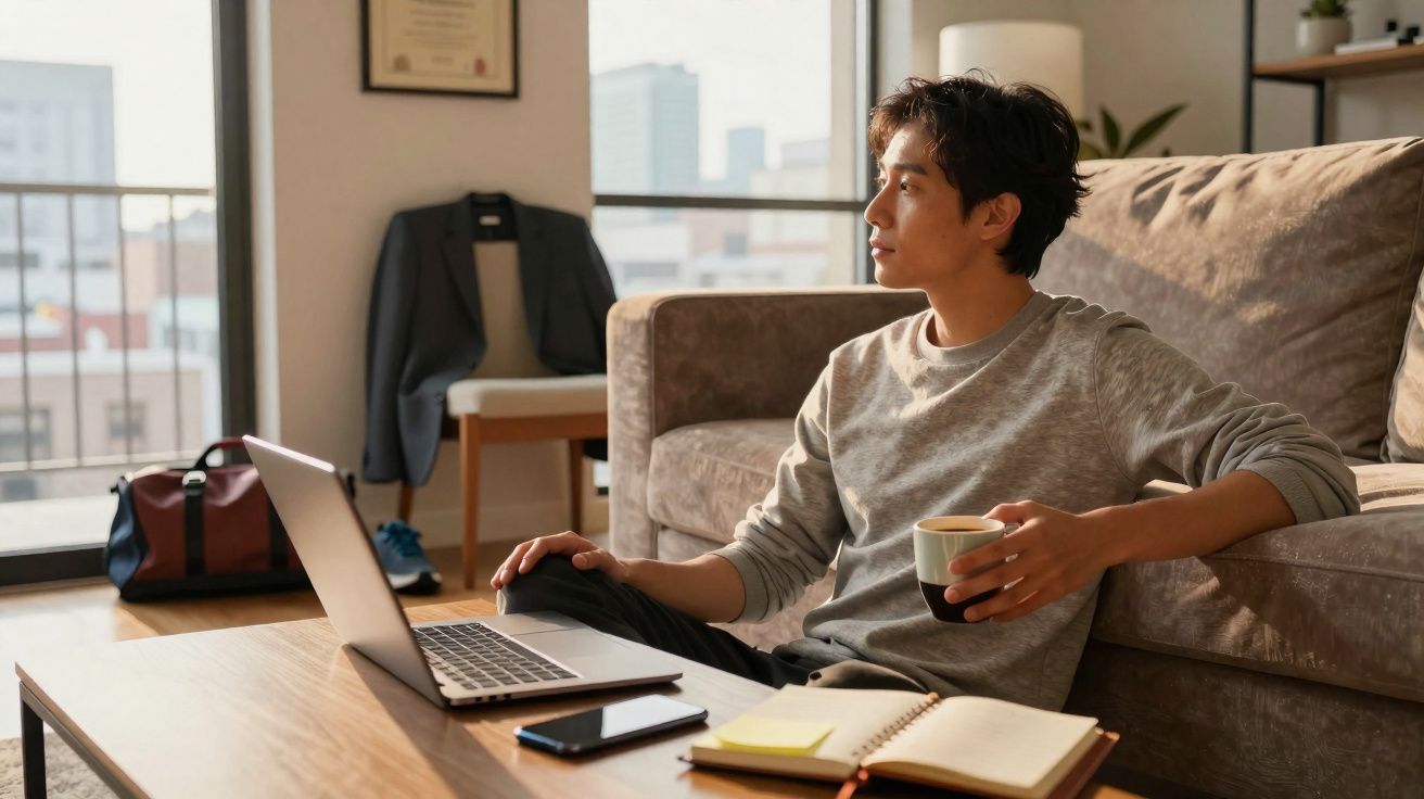 Jovem sentado no chão junto ao sofá com um portátil, a segurar uma chávena e a olhar pela janela.