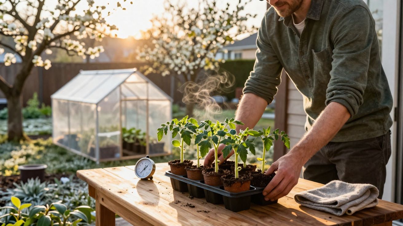 Homem a cuidar de plantas jovens num tabuleiro numa mesa de madeira ao ar livre ao pôr do sol.