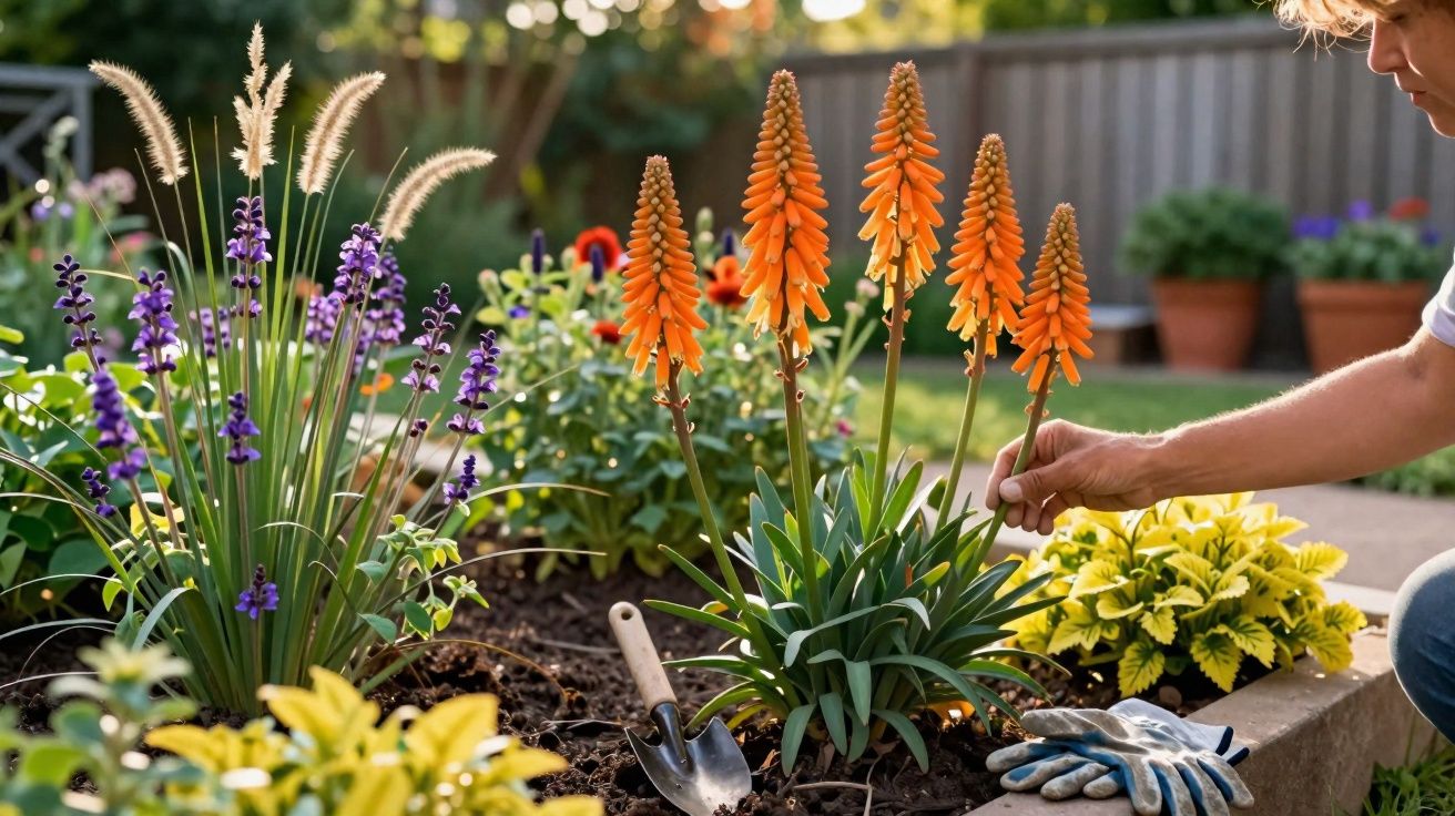Pessoa a cuidar de flores laranja e roxas num canteiro de jardim iluminado pelo sol.