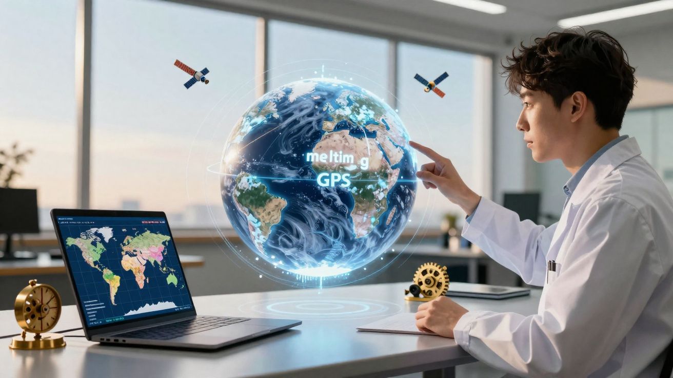 Homem em bata branca interage com globo terrestre digital holográfico e mapa no portátil numa sala moderna.