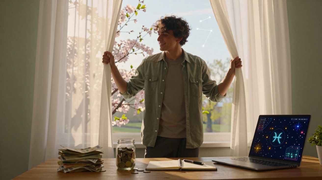 Homem a abrir cortinas junto a secretária com moedas, papéis, caderno e portátil aberto com signo de Peixes.