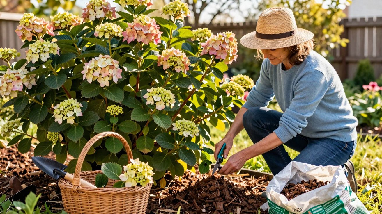 Mulher com chapéu de palha a cuidar de flores num jardim com cesta e saco de terra junto.