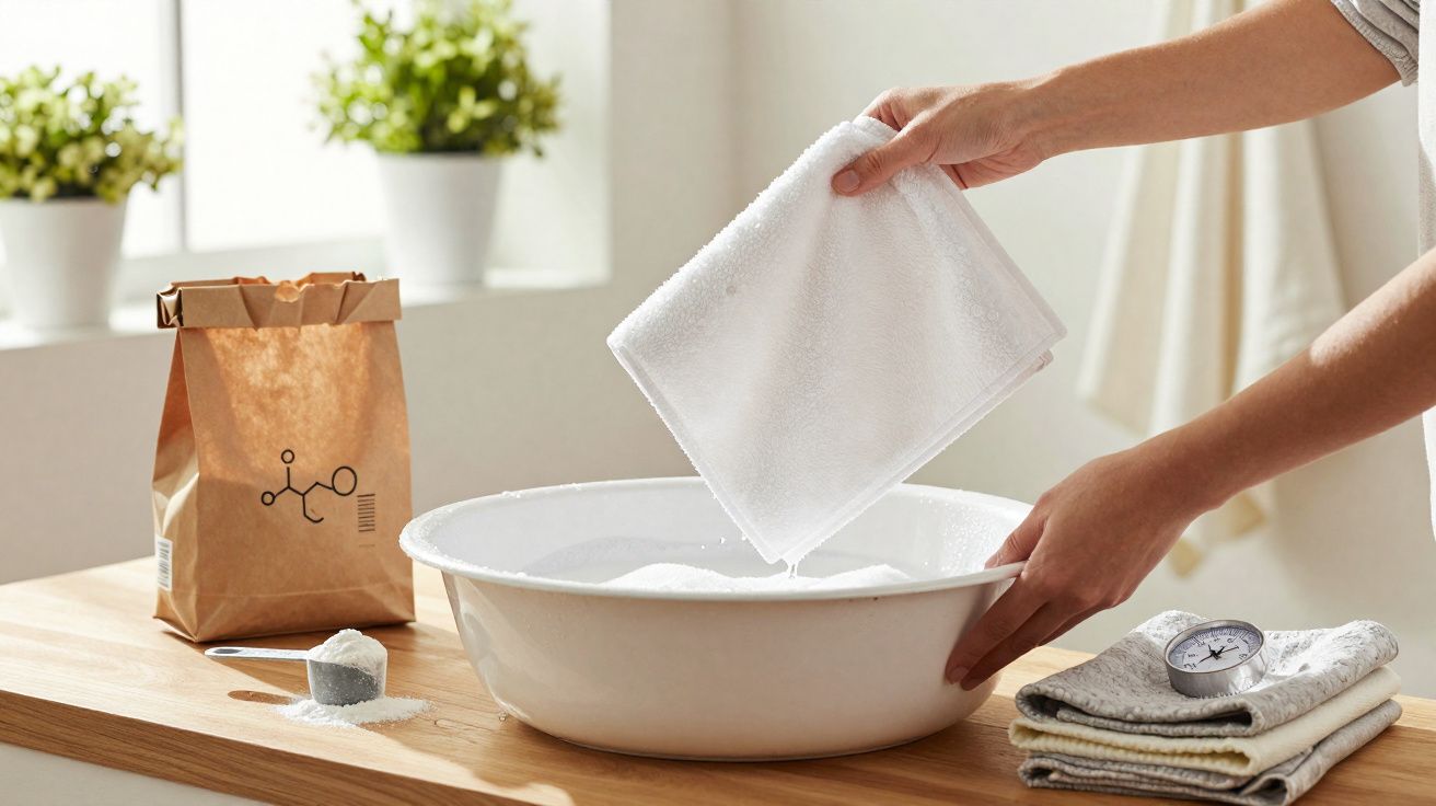Mãos a lavar uma toalha branca numa bacia com água, ao lado de detergente e toalhas empilhadas numa mesa.
